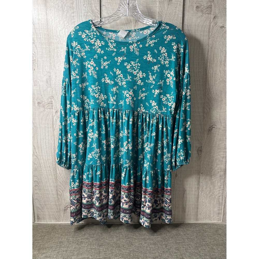 Floral Tiered Babydoll Tunic Dress Teal Green Long Sleeve Boho Style Medium
